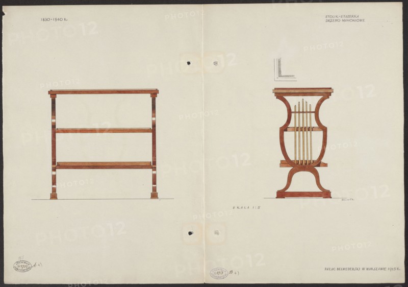 Mahogany table-etagère from the furnishings of the Belweder Palace, front and side views scale 1:5. Draughtsman: Mieczyslaw Kotarbinski 1890–1943. Furniture; Belweder Warsaw; Biedermeier style; 19th century; tables, étagères. Artistic documentation: watercolor drawing on card; height 35.9 cm, width 51.8 cm card when unfolded. Dated 1915 before September 20, 1915. Palaces; World War I. Warsaw Masovian Voivodeship., The image shows a flat, off-white page with a vertical crease down the center and two small punched holes near the middle; on the left side there is a simple wooden shelving unit with a rectangular top and base, vertical supports, and two horizontal shelves, rendered in brown and darker brown tones with thin darker accents; on the right side there is a decorative wooden stand with a curved, lyre-like shape and vertical rod elements in golden yellow between the curved sides, sitting on a shaped base, rendered in brown and reddish-brown hues with darker outlines; faint pencil l...