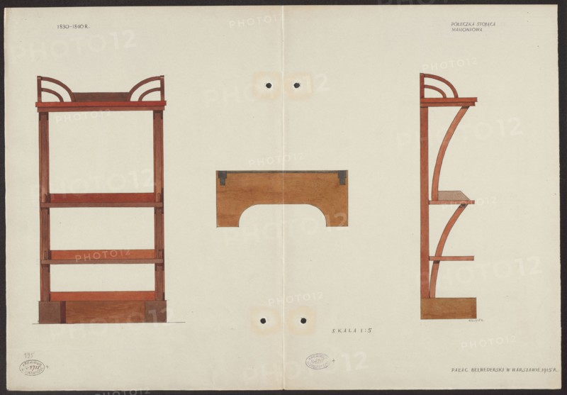 Standing shelf made of mahogany wood from the furnishings of the Belweder Palace; front, top and side views at a scale of 1:5. Draughtsman: Mieczyslaw Kotarbinski 1890–1943. Biedermeier style; furniture, shelves; 19th century. Artistic documentation: drawing and watercolor on card; dimensions when unfolded: height 36.0 cm, width 52.0 cm. Date: 1915 before 20.09.1915. Location: Warsaw Masovian Voivodeship. World War I context., A drawing of a wooden shelving unit shown from three viewpoints on a light beige background, with a front view on the left, a side view on the right, and a smaller detached wooden panel piece in the center; the shelves and vertical supports are rendered in reddish-brown and medium brown wood tones, with darker brown base blocks and small dark gray metal brackets on the central panel; the shelving unit has curved decorative upper elements in reddish-brown, straight horizontal shelves, and curved vertical supports in the side view, with subtle shading and thin blac...