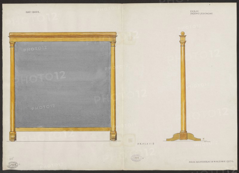 Ash wood screen from the furnishings of the Belweder Palace in 1915 — front and side views in a scale of 1:5. Maszynski, Mariusz 1888–1944, draughtsman/author. Belweder Warsaw; furniture; Biedermeier style; fireplace screen; 19th century; Warsaw Masovian Voivodeship; palaces; World War 1914–1918; inventory, 1915 before 20/09/1915; artistic documentation; drawing, watercolor on card; height 35.9 cm, width 51.6 cm card when unfolded., A two-page drawing showing a large rectangular frame with a wide grey interior bordered by a yellowish wood frame on the left page and a tall, slender yellowish wooden column with a decorative top and a curved base on the right page, both set against a cream background with a dark border around the outer edge; visible colors include grey, yellowish brown, cream, and dark brown.