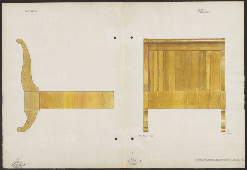 Ash wood bed from the early 19th century, part of the furnishings of the Belweder Palace in 1915 — front views and part of the side in a scale of 1:5; draughtsman: Mariusz Maszynski 1888–1944; Biedermeier style; furniture — bed; 19th century; Warsaw Masovian Voivodeship; artistic documentation: watercolor and drawing on card; dimensions when unfolded: height 35.8 cm, width 52.2 cm; dated 1915 before 20/09/1915., The image shows a two-page drawing of a wooden bed rendered in warm yellow and brown tones, with a side view on the left featuring a curved, ornamental foot and a long horizontal rail, and a front view on the right showing a rectangular headboard with visible wood grain panels and straight legs; the background is off-white with a few small dark circular holes near the center fold and faint pencil lines along the bottom.