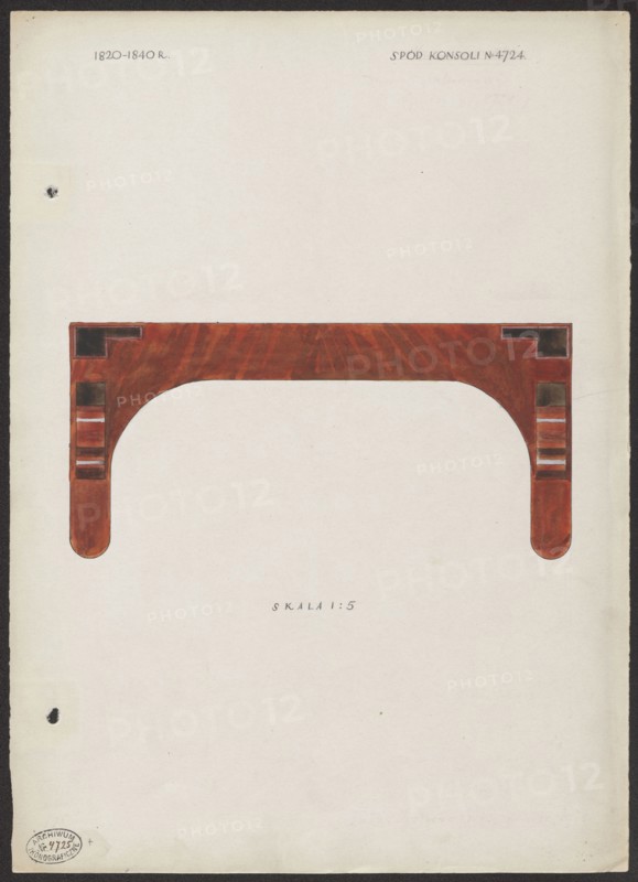 Underside of a mahogany console from the furnishings of the Belweder Palace, 1915 — views in a scale of 1:5. Maszynski, Mariusz 1888–1944 illustrator/author. Belweder Warsaw; furniture; Biedermeier style; consoles; 19th century; Warsaw Masovian Voivodeship; palaces; World War I 1914–1918; dated 1915 before September 20, 1915; artistic documentation; drawing and watercolor on card; height 36.1 cm, width 26.0 cm., A large off-white sheet with a rectangular brown wooden decorative arch or bracket centered horizontally near the upper half, showing wood grain and darker brown square insets at each top corner and along the vertical legs, with rounded ends on the legs; the area outside the wood is mostly plain off-white with slight discoloration spots and a small dark round blemish near the left edge, and the visible colors are brown, dark brown, off-white, and a hint of black.