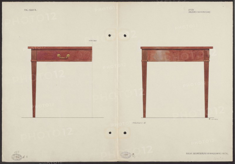 Mahogany table from the furnishings of the Belweder Palace, front, half and side views at scale 1:5; Jan Malachowski 1886–1917, illustrator/author; furniture; Belweder Warsaw; 19th century; desks; Biedermeier style; tables; palaces; World War 1914–1918; 1915 before September 20, 1915; artistic documentation, drawing, watercolor; height 36.0 cm, width 51.8 cm., The image shows a flat drawing of two wooden tables on a pale cream background, each table rendered in reddish-brown tones with visible wood grain and darker brown legs that taper downward; the left table includes a brass-colored handle on a drawer front while the right table shows the plain front edge and the same leg style; there are a few small circular holes near the vertical center fold of the paper that are surrounded by light tan discoloration, and the sheet edges are slightly darker with a narrow dark border.