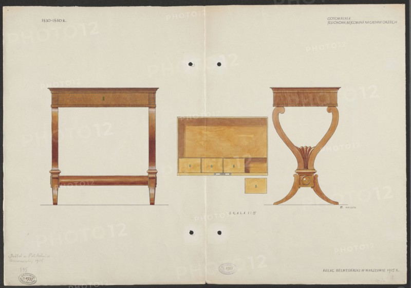 Cookable ash wood, stained dark walnut, dressing table from the furnishings of the Belweder Palace, front, top and side views in a scale of 1:5; Malachowski, Jan 1886–1917 illustrator/author; Belweder Warsaw; furniture; dressing tables; Warsaw Masovian Voivodeship; Biedermeier style; 19th century; palaces; World War 1914–1918; 1915 before 20.09.1915; artistic documentation; drawing, watercolor; height 36.1 cm, width 52.2 cm, The image shows a large sheet with a pale cream background containing three rendered wooden furniture elements: on the left a rectangular table-like frame with straight legs and a horizontal stretcher, in warm brown and golden wood tones with darker brown shading; in the center a shallow rectangular box or drawer unit shown open with interior panels and a few small drawer fronts in light golden and tan wood tones; on the right a sculptural pedestal with a flat top and an ornate curved central support flaring into stylized leaf forms and splayed feet, rendered in me...