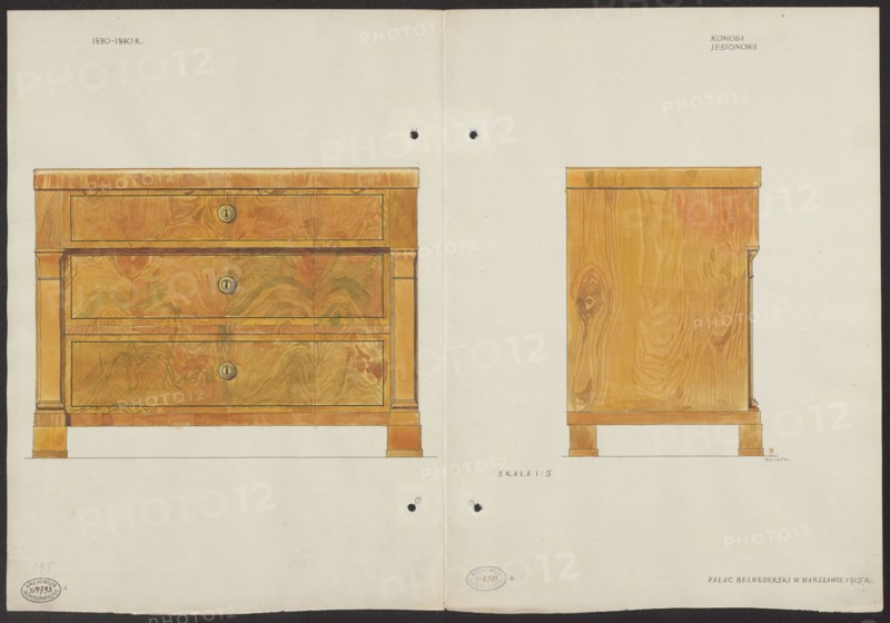 Ash wood chest of drawers from the furnishings of the Belweder Palace in 1915 — front and side views in a scale of 1:5; draughtsman: Mariusz Maszynski 1888–1944; Belweder Warsaw; Biedermeier style; chests of drawers, furniture; Warsaw Masovian Voivodeship; 19th century; artistic documentation: drawing, watercolor on card; dimensions card unfolded: height 35.8 cm, width 52.0 cm; date: 1915 before October 9, 1915., A drawing of a wooden chest of drawers shown from the front and side on a pale background, with the chest depicted in warm brown and golden wood tones with visible grain patterns, darker brown outlining and small circular keyhole details, and small base supports in similar wood colors; the background is off-white with a narrow dark border around the edges and a couple of small punched holes near the center.
