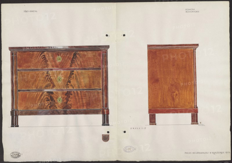 Mahogany chest of drawers from the furnishings of the Belweder Palace, front and side views at scale 1:5; drawn and watercolored by Mariusz Maszynski 1888–1944. Biedermeier-style furniture chest of drawers, Warsaw Masovian Voivodeship, 19th century; artistic documentation dated 1915 before 9.10.1915. Card when unfolded height 36.0 cm, width 51.6 cm., The image shows a two-page drawing of a wooden chest of drawers with a front view on the left and a side view on the right, rendered in brown and reddish-brown tones with darker brown highlights and black outlines; the chest has three drawer fronts with visible wood grain patterns and decorative oval key escutcheons in a contrasting yellowish color, flanked by vertical pilaster-like side elements and short blocky legs finished in dark brown, all set against an off-white paper background with faintly visible crease down the center and small circular punched holes near the top and bottom edges.