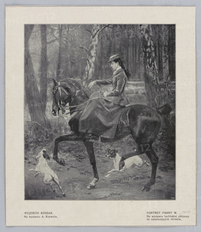Reproduction of a painting: Wojciech Kossak 1856–1942, Portrait of Miss W., 1900, painting, Polish painting, Kossak, Wojciech 1856–1942 - reproduction, horses, portraits, portraits of women, equestrian portraits, not before 1900, press illustration, reproduction of a work of art, A grayscale scene shows a woman seated side-saddle on a dark horse in a wooded setting, wearing a fitted jacket and a hat with a ribbon, her long skirt draped over the horse; the horse lifts a foreleg as if stepping, and two small dogs, light-colored with darker markings, leap nearby on the leaf-strewn ground; birch and other trees with visible trunks and branches form a forested background, and the overall palette is shades of gray, black, and white.
