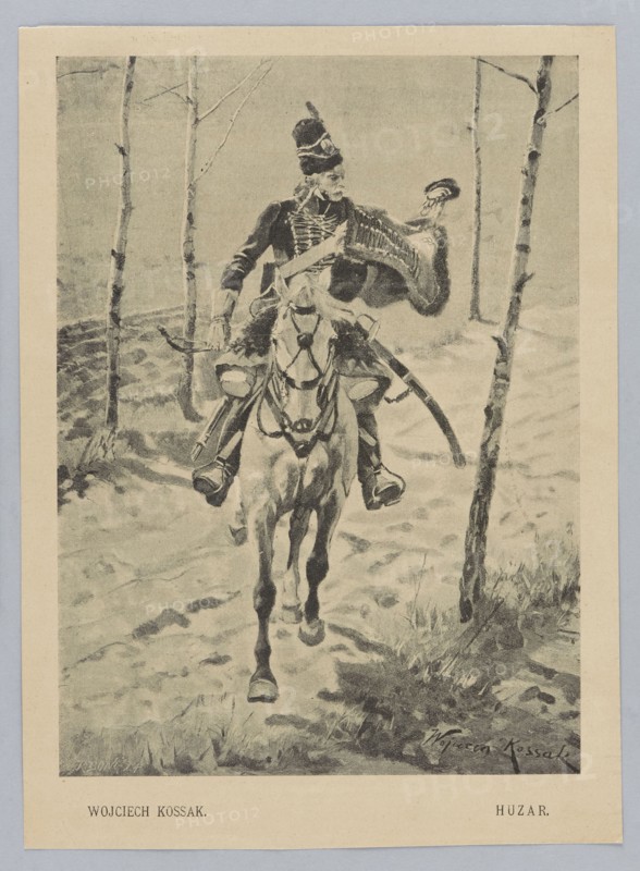 Watercolor reproduction: Wojciech Kossak 1856–1942, Hussar; painting reproduction by Richard Bong 1853–1935, graphic artist; Polish painting; hussars; ca. 1900; watercolor, graphics, press illustration., A monochrome illustration shows a mounted soldier riding a horse along a snowy or sandy path flanked by thin, leafless trees; the soldier wears a tall, plumed hat and a detailed military jacket with ornamental braiding and a sash, and he holds a small object up in one gloved hand while the other hand grips the reins; the horse is saddled and harnessed with visible tack and its legs are in mid-stride; the ground appears textured with patches of grass and uneven footprints or tracks; the scene is bordered by a pale mat with a narrow darker inner frame; visible colors include shades of beige, gray, black, and off-white.