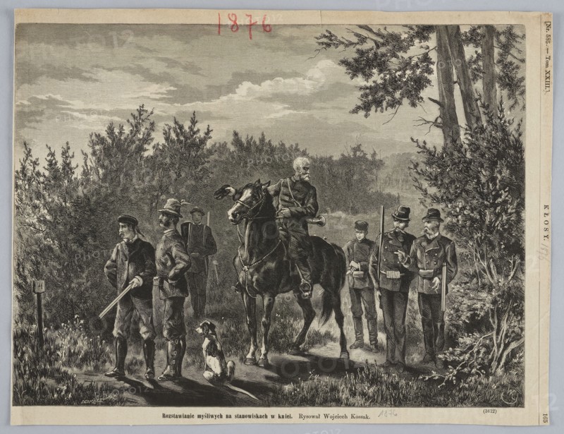 Placing hunters in positions in the forest; painting; engraving reproduction; Wojciech Kossak 1856–1942 drawing/author; Edward Gorazdowski 1843–1901 engraver; Polish painting and graphics; horses; hunting; hunters; 1876; Warsaw; press illustration., A black-and-white scene shows a wooded outdoor setting with trees and dense shrubbery under a cloudy sky. In the foreground a group of men in period clothing stand on a dirt path; some wear hats and coats and several hold long guns. One older man sits astride a dark horse and holds a horn, while a few men stand nearby in attentive poses. A dog with a white and dark coat sits on the ground near two men. The foliage and ground include various tones of gray and black, and the image border is framed by a lighter margin.