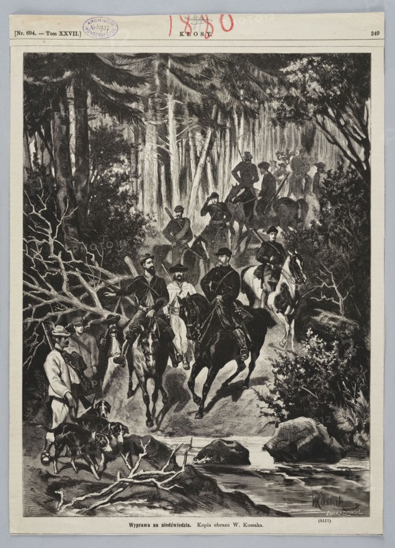Reproduction of a painting: Wojciech Kossak 1856–1942, Expedition for the Bear Hunt; 1880; painting; engraving/drawing reproduction; Polish painting; artist: Wojciech Kossak; engraver: Edward Gorazdowski 1843–1901; subjects: hunting, horses, hunters; graphics; press illustration; reproduction of a work of art; Warsaw., A monochrome illustrative scene shows a forested setting with tall trees and dense foliage in the background and foreground, with a group of mounted riders and accompanying figures on foot moving along a wooded path by a stream; several horses are ridden by figures wearing hats and coats, and a few people on foot wear varied clothing and headwear while standing near a cluster of dogs; the foreground includes rocks, a fallen branch, and water with reflections, and the image palette is black, white, and shades of gray.