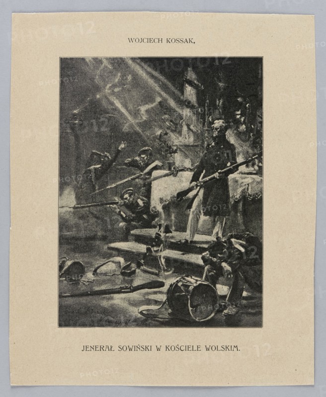 Reproduction of a painting: Wojciech Kossak 1856–1942, General Sowinski in the Wola Church, painting, Polish painting, soldiers, Sowinski, Józef 1777–1831 — iconography, ca. 1900, press illustration, reproduction of a work of art, A grayscale printed illustration framed by a light beige border, showing a group of uniformed figures inside a dim interior with architectural elements like steps and columns; several figures hold long rifles, one stands on a raised platform, others crouch or kneel nearby, and a few pieces of equipment such as drums and straps lie on the floor; diagonal shafts of light cut across the scene, creating areas of brightness and deep shadow, and the overall image tones are black, white, and various grays set against the beige surrounding paper.