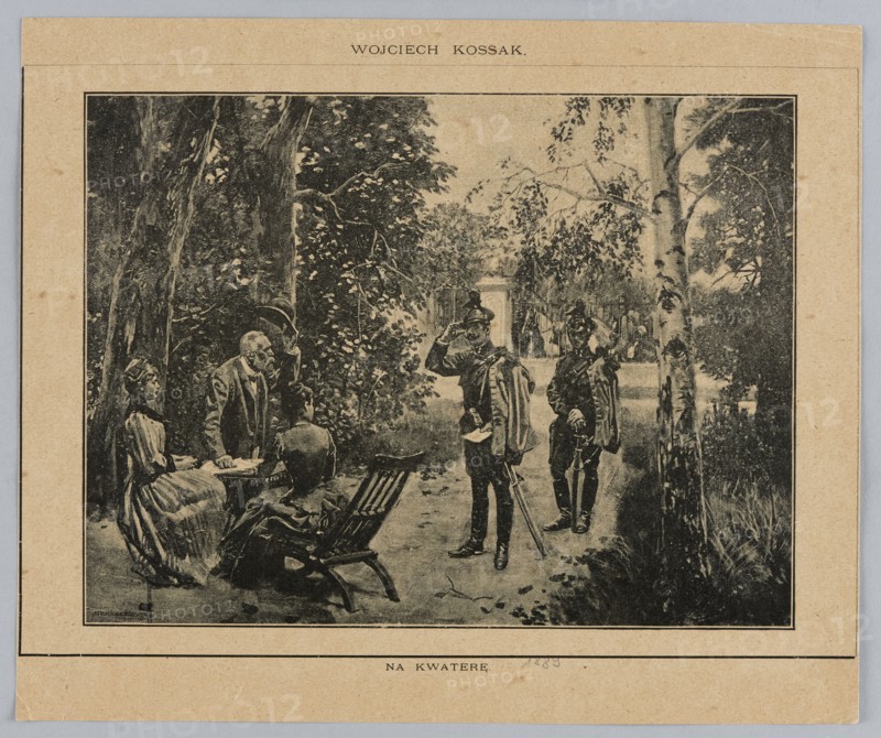 Reproduction of a painting: Wojciech Kossak 1856–1942, To the Quarters, 1889; painting; Polish painting; artist: Wojciech Kossak; reproduction; soldiers; press illustration; Kraków; 1889., A monochrome scene printed on aged beige paper shows an outdoor setting with a group of people beneath large trees; a few tall leafy trees with textured trunks frame the right and left, and dense foliage fills the background. In the foreground, a group sits around a small table: a seated woman in a long dress with visible folds, an older man leaning slightly forward, and another seated figure facing away in a chair with slatted back; a separate wooden reclining chair is nearby. Two uniformed men stand nearby on a dirt path, one raising a hand to his hat and the other holding a cane or sword with one hand resting on it. The image tones are black and dark gray against the beige border, with areas of stippling and sketch-like shading creating contrast and depth.