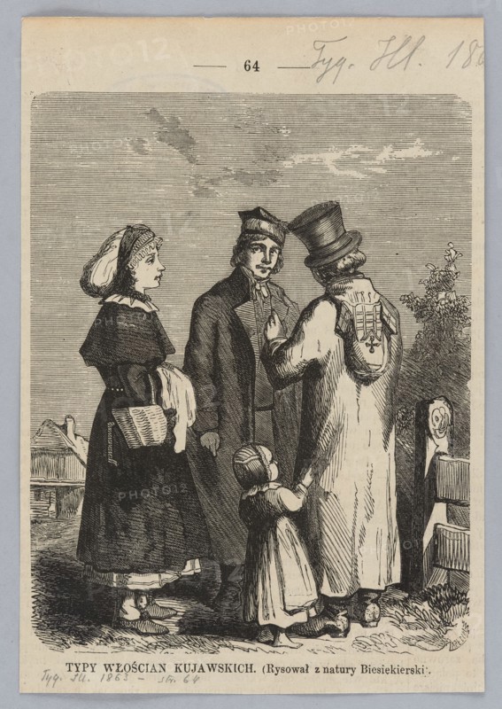 Types of Kujawy peasants; woodcut and drawing reproduction by Feliks Zablocki and Julian Biesiekierski, 1863; painting/graphics; folk types and folk costumes of Kujawy, children; Polish art; press illustration., A black and white engraved scene shows a group of people standing outdoors on a patch of ground with grass and a few plants. A woman wearing a bonnet and a dark dress with a light collar stands at one side holding a basket and a cloth. A man in a dark coat and cap faces forward with a neutral expression. Another figure wearing a long light-colored coat and a tall hat stands with their back partially turned, showing decorative detailing on the coat. A small child in a light dress clings to the coat of the tall-hatted figure. In the background there are a few low buildings and a small leafy shrub. The image is rendered in monochrome tones of black, white, and grey.