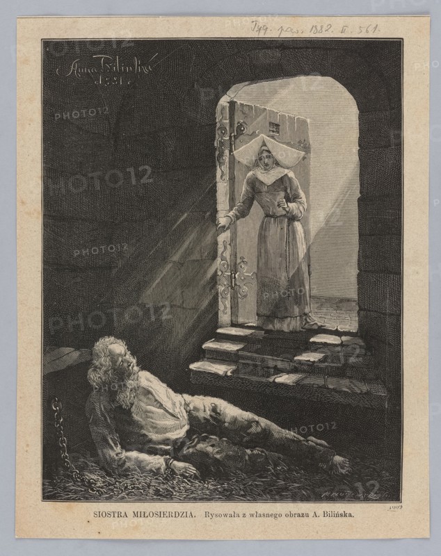 Sister of Mercy; 1882; painting by Anna Bilinska-Bohdanowiczowa Anna Bilinska, 1854–1893 reproduced as an illustration; woodcut by Michal Kluczewski fl. 1869–1890; subject: Daughters of Charity / Sisters of Charity nuns and prisoners in prisons; Polish painting; graphics; press illustration., A dark interior space framed by stone walls and an arched doorway, with rays of light streaming in through the open door; a woman wearing a light-colored headdress and a long dress stands in the doorway holding the door, her clothing and face illuminated by the incoming light; a bearded man in simple, dark clothing lies on the floor inside, his head propped somewhat upward and his hands near his body, with a chain visible beside him; stone steps lead up to the doorway and patches of light fall across them; overall tones are black, gray, and off-white with contrasts between deep shadow and bright highlights.