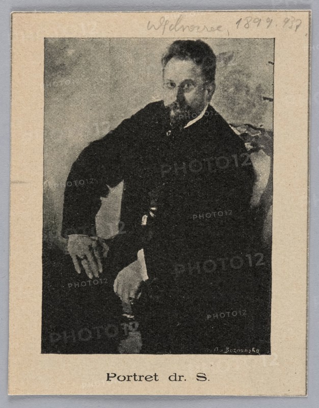 Reproduction of a painting: Olga Boznanska 1865–1940, Portrait of Dr. S., 1899; painting; Polish painting; reproduction; male portrait; seated figure; press illustration; illustration height 8.9 mm, width 6.5 mm, sheet height 10.8 mm, width 8.4 mm., A portrait of a seated man with a beard and mustache wearing a dark suit and light collar, posed with one arm resting on an armrest and the other hand on his knee; the image is monochrome with shades of black, gray, and beige, framed by a beige border and set against a textured gray background.