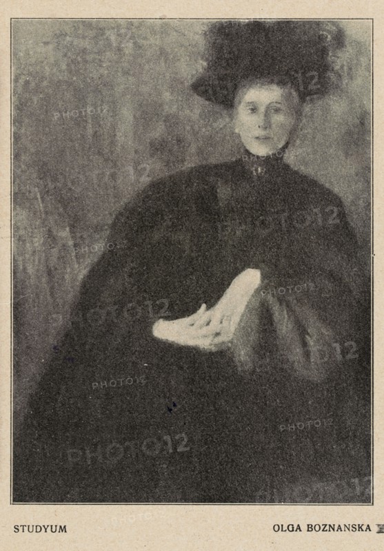 Reproductions of paintings: Olga Boznanska 1865–1940, Study; Portrait; Portrait verso; painting; Polish painting; Boznanska, Olga 1865–1940 – reproduction; female portraits; women; male portraits; sitting women; portraits; 1910; press illustration; reproduction of a work of art, A portrait of a seated person wearing a dark outfit and a large dark hat, shown from the waist up and positioned slightly to one side, with a pale hand resting outward on a dark surface; the background is textured and muted, and the visible colors are shades of black, gray, and beige.
