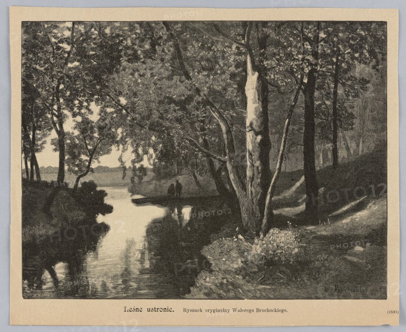 Forest retreat; painting by Walery Brochocki 1847–1923, woodcut by M. Rózanski fl. 1882–1889; press illustration, 1891; landscape with river, forest; graphics; Polish painting; print media., The image shows a grayscale scene of a wooded riverside with a calm, reflective body of water running through the middle. A group of trees with detailed trunks and leafy canopies frames both sides of the water, and a prominent tree with textured bark stands in the foreground near the right bank. The shoreline features grassy and bushy vegetation, and the water surface reflects the nearby trees and sky. In the distance, the river narrows and a pair of small, silhouetted figures stand near the far bank beneath overhanging branches. The overall colors visible are shades of black, white, and gray.