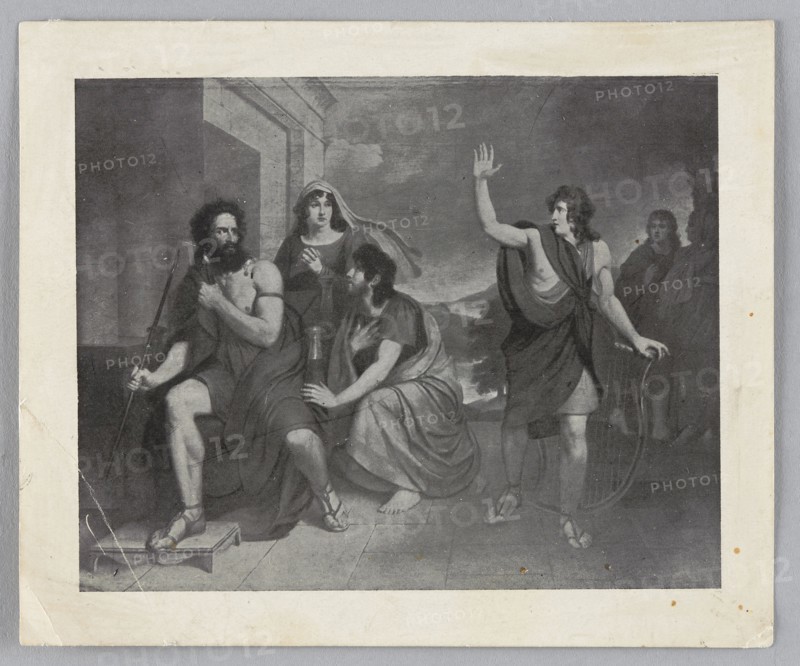 Reproduction of a painting: Antoni Brodowski 1784–1832, Saul's Wrath on David; painting; Polish painting; biblical/Old Testament scene depicting Saul throwing a spear at David; attributes include lyre; early 20th century reproduction., The image shows a monochrome illustration of a group of people in classical-style clothing arranged in a scene that appears indoors with an architectural opening to an outdoor view; the visible colors are shades of grayscale including black, white, and various grays. A seated bearded man wearing draped fabric and sandals holds a staff, while a woman with a veil stands behind him with her hands near her chest. Another seated figure in draped clothing reaches toward the bearded man while holding a vessel, and a standing figure with one arm raised and the other holding a looped object faces them. In the background a couple of additional standing figures are partially visible, and the scene rests on a tiled floor with a simple backdrop of sky and distant lan...