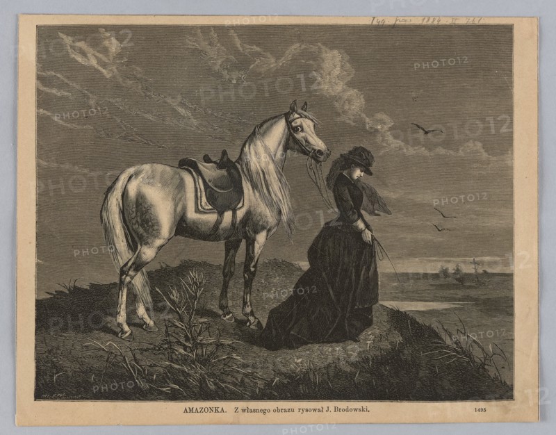 Amazon; woodcut reproduction after a painting by Józef Brodowski 1828–1900; woodcutter: L. Niemczynski; workshop: Bronislaw Puc Artistic-Woodcut Workshop, Warsaw, fl. ca. 1878–ca. 1885; 1884; subjects: Amazon woman warrior, horses, landscape; themes: sadness; medium: graphic art, press illustration, reproduction of a work of art., A monochrome engraving shows a woman standing near the edge of a shoreline holding reins attached to a saddled horse beside her; the horse is light colored with a darker saddle and long mane, and the woman wears a long dark dress and a hat with a brim tilted forward, her head bowed; the foreground includes grassy clumps and low vegetation on a sloping ground, while the background features a cloudy sky with horizontal line shading and a few birds flying above the water, where distant small ships or masts are faintly visible; the image is framed by a pale border.