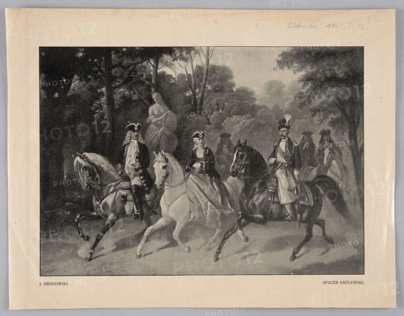 Reproduction of a painting: Józef Brodowski 1828–1900, The Royal Walk; painting, Polish painting, Brodowski, Józef 1828–1900 - reproduction, horse rides genre scenes, horses iconography, women, 1905, press illustration, reproduction of a work of art, A grayscale printed image framed by a light beige border shows a wooded scene with a group of people on horseback in the foreground. A few riders wear ornate historical clothing and tricorne hats, and one rider appears in a uniform with a feathered hat. The horses include lighter-colored and darker-colored animals, shown in mid-stride with visible tack and saddles. Behind the riders, a large sculpted statue of a seated figure is partially visible among dense trees and foliage. The background contains tall trees and layered shrubbery creating a forested depth. The overall palette is monochrome with shades of gray, black, and off-white, and the frame around the image is a pale beige.
