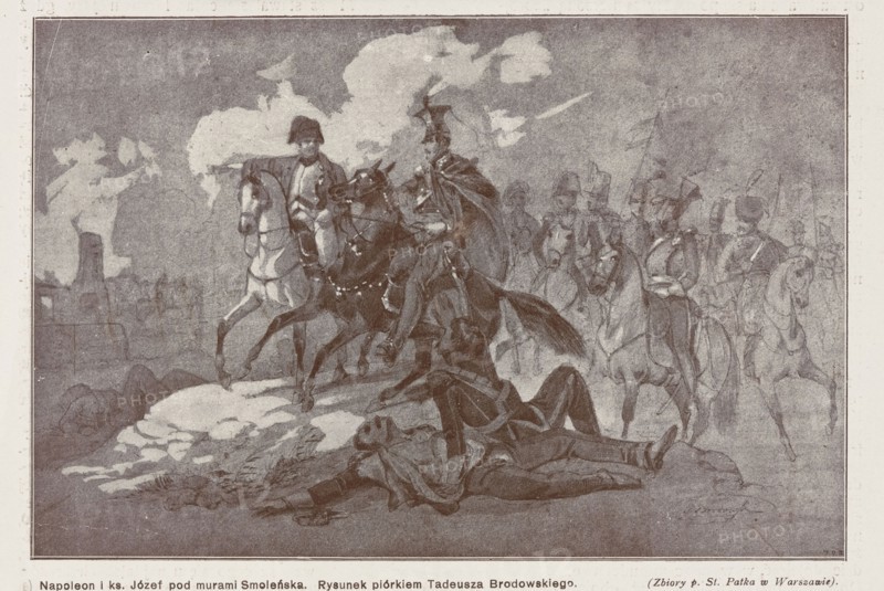 Reproduction of a drawing: Tadeusz Brodowski 1821–1848, Napoleon and Prince Józef at the walls of Smolensk; reproduction, illustration of a historical scene; subjects: Józef Antoni Poniatowski 1763–1813 and Napoleon I Bonaparte 1769–1821; Napoleonic Wars 1803–1815, Battle of Smolensk 1812; painting; Polish painting; 1912; press illustration; reproduction of a work of art., A sepia-toned illustration shows a group of mounted soldiers and infantry on a snowy ground; in the foreground a fallen figure lies on the snow with another figure leaning over them, while two riders on horses face them, one wearing a bicorne hat and the other a plumed helmet, and a group of soldiers on horseback and with rifles stand or march in formation in the background; the scene includes clouded skies and a distant town skyline with towers, and the visible colors are shades of brown, tan, and off-white.