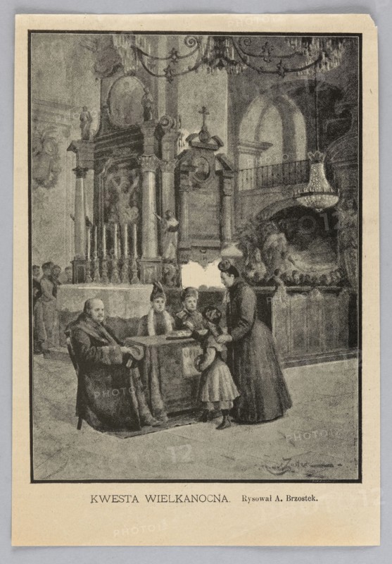 Reproduction of a drawing: Aleksander Brzostek 1866-1911; painting; Polish painting; Easter; charity; church interiors; children; Brzostek, Aleksander - reproduction; turn of the 19th and 20th centuries; Warsaw; press illustration; reproduction of a work of art., A monochrome printed image shows an interior scene with ornate architectural features including tall columns, arches, and decorative carvings, and a large chandelier hanging from the ceiling. In the foreground a group of people are gathered around a small table covered with a cloth; among them are a seated adult wearing heavy outerwear and a few standing adults and children in long garments. One standing adult appears to lean toward a child, and another child stands close by. The background includes more figures near a raised decorative structure with vertical elements and sculptural details, and a balcony-like railing is visible. The overall colors visible are shades of gray, black, and off-white.
