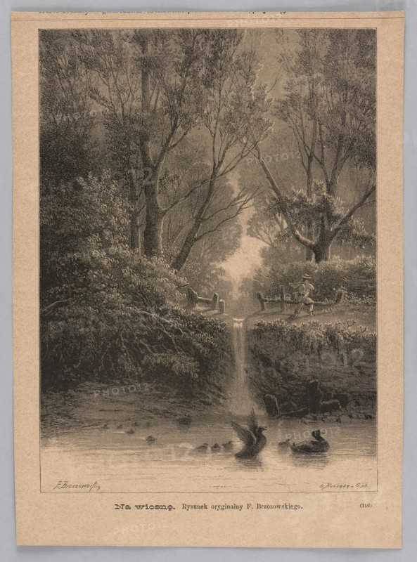In the spring; 1883, plate from a periodical title page. Drawn by Feliks Brzozowski 1836–1892; reproductive work by Angerer & Göschl Vienna; graphic and photographic workshop. Subject: ducks, landscape with water features — pond and waterfall; seasonal spring. Medium/genre: graphics/press illustration; reproduction of a Polish painting., A sepia-toned illustration of a wooded scene with tall trees and dense foliage framing a narrow stream that cascades down a small waterfall into a calm pool, the left and right banks covered in leafy undergrowth and exposed roots; a simple wooden fence spans the stream near the top of the fall and a figure wearing a hat stands beside it on the right bank; a few waterfowl float and splash in the pool in the foreground, and scattered logs and low vegetation appear along the water’s edge, with the overall palette showing shades of brown, beige, tan, black, and gray.