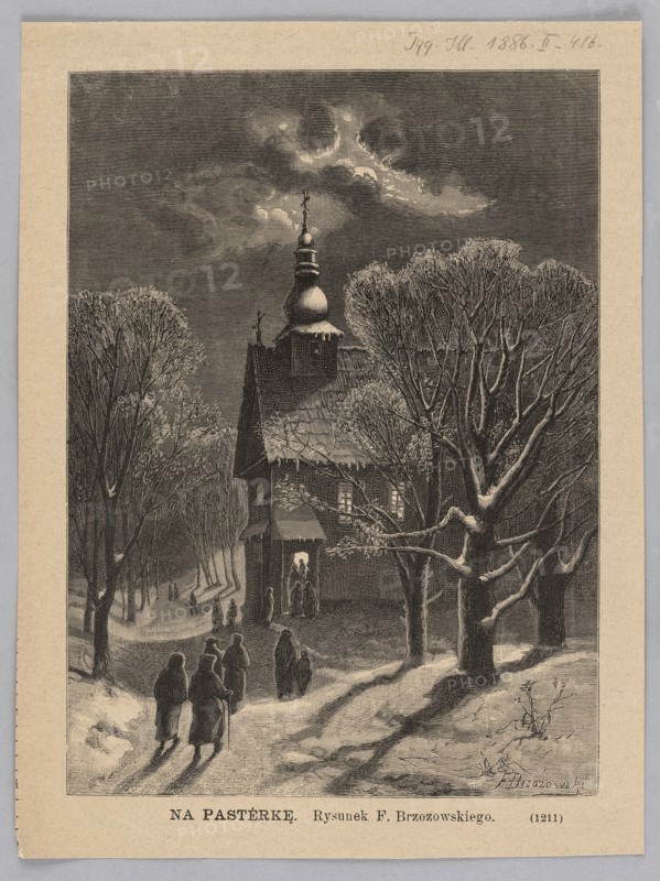 At the midnight mass; 1886. Illustration after Feliks Brzozowski 1836–1892, woodcut by Jan Krajewski fl. 1874–1887. Depicts a winter village church interior at Midnight Mass—Christmas service. Polish painting reproduced as a graphic press illustration; painting/graphics, 1886., A monochrome scene showing a snow-covered path leading to a small wooden church with a bulbous steeple, surrounded by bare trees with snow on their branches; a group of hooded figures walk toward the church while a few stand near its entrance, long shadows stretching across the snow under a cloudy sky with patches of light.