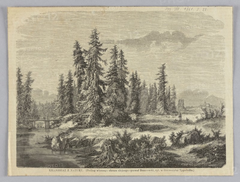 Landscape from nature; 1861; woodcut illustration after a painting by Feliks Brzozowski 1836–1892, woodcut artist G. Röber; subject: bridges, wooden bridges, river landscape; graphics, press illustration, reproduction of a work of art; Polish painting; painting reproduced., A monochrome landscape engraving showing a riverside scene with a group of tall evergreen trees clustered near the center and left, their dense foliage rendered with fine lines and shading; a few smaller trees and shrubs appear around them and along the riverbank. The river runs along the foreground with a rocky shoreline and scattered stones and low vegetation, and a simple wooden bridge spans the water toward the left where two small human figures stand. In the middle distance a solitary figure walks on a path near the water, and further back on the right a small building sits on the distant shore. The sky is filled with horizontal line shading suggesting clouds, and the overall palette is shades of black, gray, a...