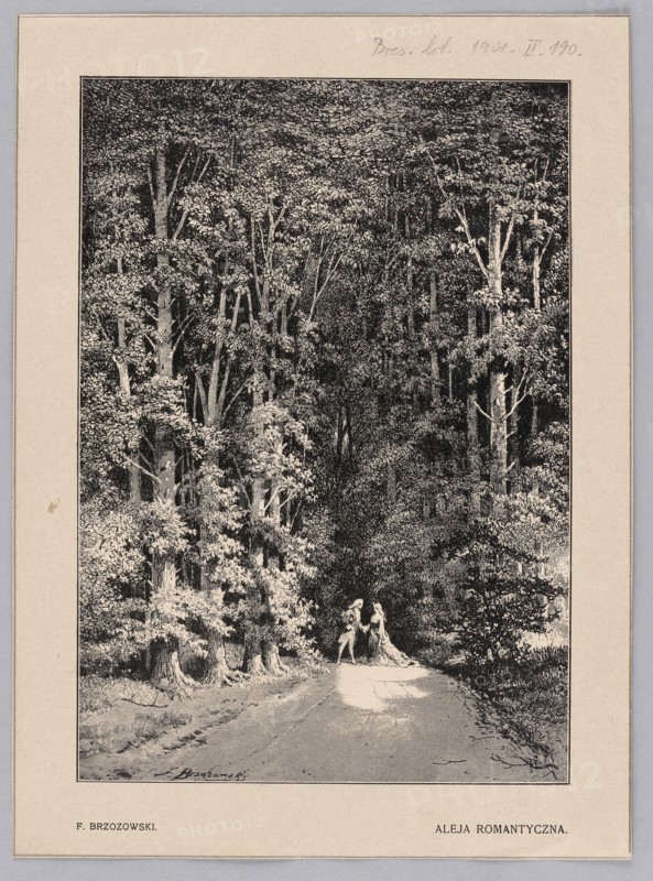 Reproduction of an engraving: Feliks Brzozowski 1836–1892, Romantic Avenue, 1901; illustration reproducing a painting depicting lovers and couples in a park avenue; Polish painting; press illustration., A monochrome illustration showing a tree-lined pathway leading into a dense forest, with tall trees and abundant foliage filling the scene in shades of black, gray, and off-white; the trees create a dark, textured canopy and trunk area on either side of the path, while lighter tonal areas highlight leafy clusters and the ground surface; near the foreground on the path, a pair of human figures stand facing each other, depicted in lighter tones against the darker forest background; the overall image is framed by a pale border and mounted on a slightly darker surrounding mat in muted gray and beige tones.