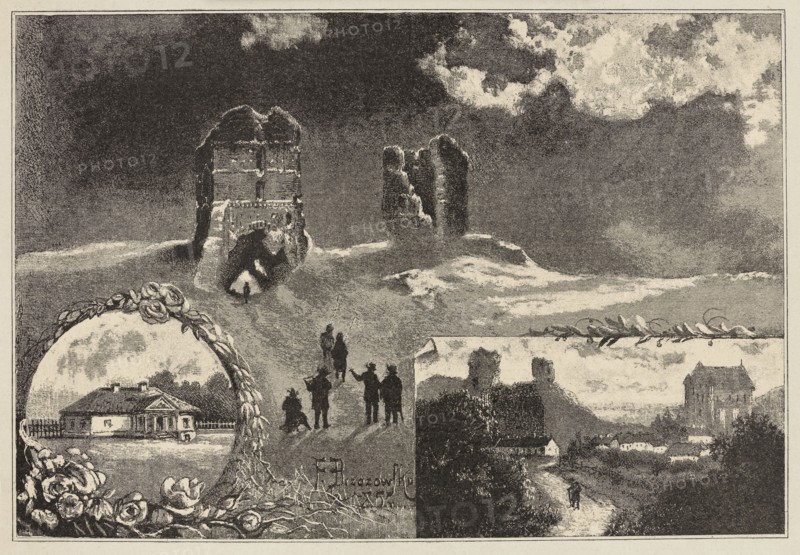 Feliks Brzozowski 1836–1892, Adam Mickiewicz's family nest. Zaosie — Nowogródek. Reproduction of a drawing; illustration; painting; Polish painting; after 1894. Subject: Zaosie Belarus manor, views of towns, Nowogródek Belarus castle ruins; Mickiewicz, Adam 1798–1855 and Mickiewicz family., The image shows a monochrome scene with dark and light shades of beige and gray; in the upper area there are two tall, crumbling stone towers standing on a windswept hill beneath a cloudy sky, and a small group of silhouetted figures walking toward them across the ridge; the lower left contains an oval vignette framed by a garland of roses that encloses a single-story house with a pitched roof and a fenced yard; the lower right shows a rural landscape with a winding path, a few small buildings and a larger multi-story structure in the distance, and a solitary figure walking along the road; overall the composition uses textured shading and contrasts of beige and gray tones throughout.