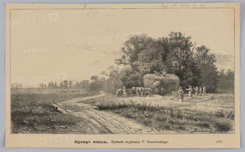 Hay equipment; illustration of haymaking in summer: rural landscape with meadows, villages, field work, hay wagons. Reproduction after a painting by Feliks Brzozowski 1836–1892, graphic press illustration, 1883. Materials/technique: graphics., A rural scene rendered in muted tones of beige, gray, and black shows a dirt path curving from the foreground toward the middle ground, flanked by grassy areas and low vegetation. To the right of the path, a group of figures wearing simple clothing stand near a large stacked hay wagon pulled by a pair of animals; some figures appear to be working with tools while others stand nearby. Tall, dense trees form a wooded backdrop behind the wagon, with branches and foliage rendered in dark gray and black. In the far distance on the left, a faint silhouette of buildings and more trees lines the horizon beneath a pale, open sky. The overall image has a textured, etched quality with fine lines and shading.