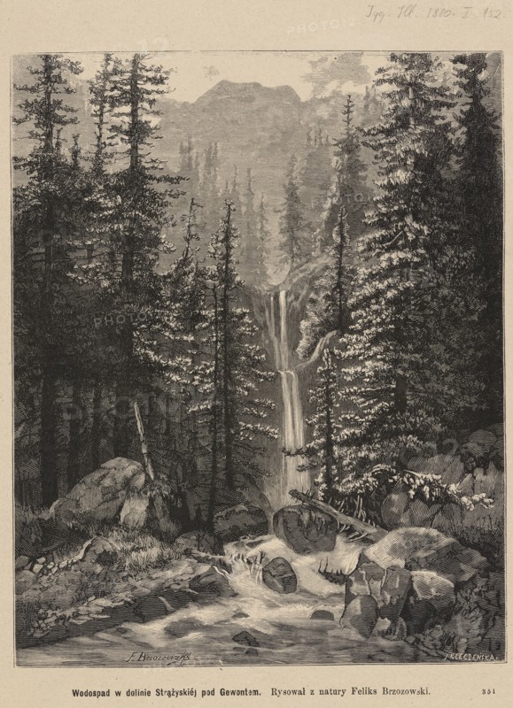 Waterfall in the Strazyska Valley under Giewont; 1880; drawing by Feliks Brzozowski 1836–1892, woodcut by Józefa Kleczenska; illustration for Tygodnik Ilustrowany; subject: mountain landscape with waterfall and stream in the Strazyska Valley, Tatra Mountains; painting/graphic art, Polish, press illustration; Warsaw., The image shows a monochrome illustration of a forested mountain scene with tall evergreen trees in the foreground and midground, a cascading waterfall visible through the trees, rocky terrain and boulders near the base of the falls, and a flowing stream with rocks and small cascades in the foreground; visible colors are shades of black, white, and gray.
