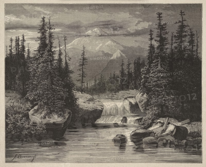 The area around Muran in the Tatra Mountains; woodcut illustration after Feliks Brzozowski 1836–1892, graphic artists Marceli Wisniewski and Bronislaw Puc; press illustration, 1880; mountain landscape with streams and waterfall; painting reproduction; graphics; Polish., The image shows a landscape with a river in the foreground flowing toward a small waterfall, bordered by large rocks and a group of trees on both sides; a few tall, thin evergreen trees rise against a cloudy sky, and a larger, distant mountain rises behind layers of mist and clouds. The scene appears rendered in shades of black, gray, and off-white, with darker tones for the trees and rocks and lighter grays for the water, sky, and distant mountain.