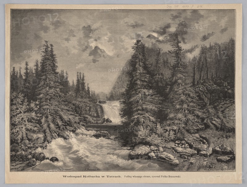Kolbach Waterfall in the Tatra Mountains; 1879; woodcut/graphic illustration after Feliks Brzozowski 1836–1892; woodcut by Wilhelm Berg and Bronislaw Puc; subject: Tatra Mountains, mountain landscape with waterfall and stream; style: Polish painting reproduction/press illustration; Warsaw.