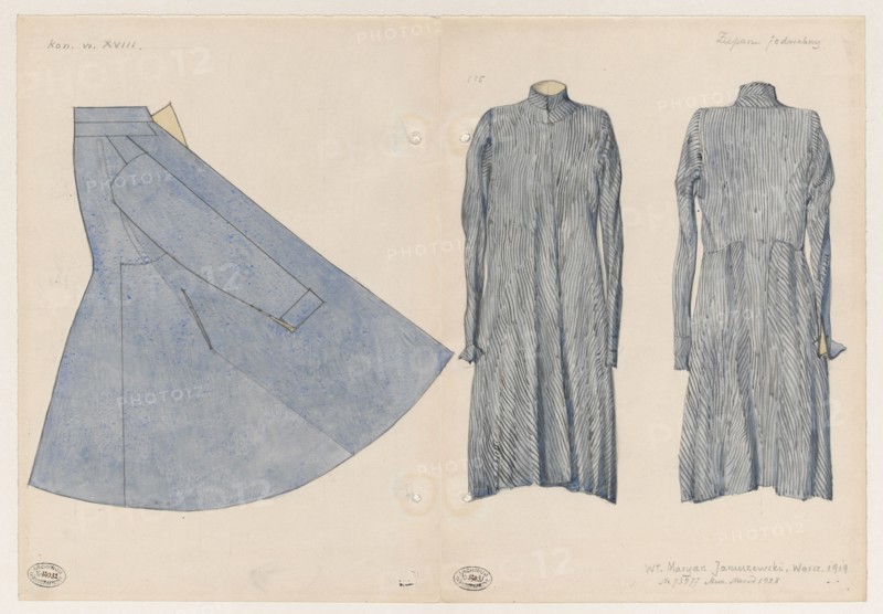 Silk zupan czechman, 1780s - side view cut in a scale of 1:5; watercolor drawing; three drawings on one board zupan cut and front/back views; kontusz; clothing, fashion, men's clothing, Polish costumes, 18th century; artistic documentation; maker/illustrator: Frani, Zygmunt 1882-post 1932; Soubise-Bisier, Gustaw Wilhelm 1849-1937 - associated with the iconography; dated 1919 before August 11, 1919, Warsaw., The image shows an illustration of three garments on a pale beige background: on the left a blue skirted coat with a flared hem and a visible sleeve and pocket, shaded with darker blue speckles and thin grey outlines; in the center a long vertically striped dress with a high collar and long sleeves, rendered in grey and blue tones with fine dark lines indicating vertical folds and texture; on the right the back view of a similar long striped dress in the same grey and blue palette with vertical striping and long sleeves, showing seam lines and subtle shading; the overall page has a ...