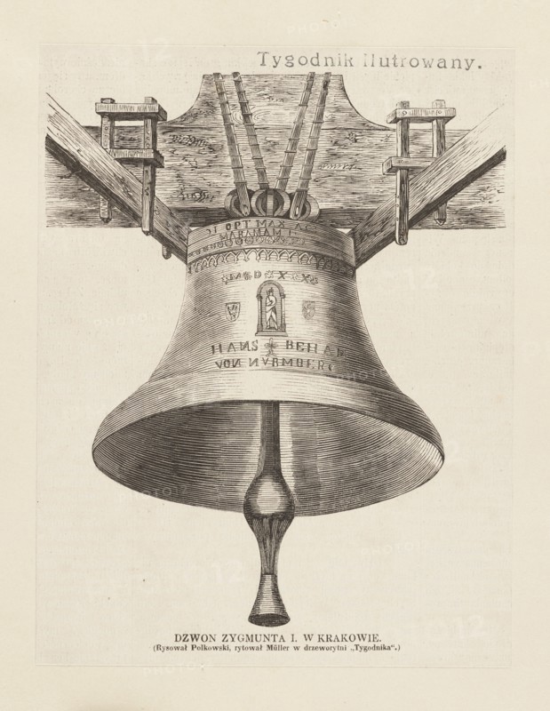 The Bell of Sigismund I in Kraków, illustration, 1860; woodcut engraving by Drzeworytnia Tygodnika Ilustrowany after Józef Tadeusz Polkowski; engraver Müller; press illustration re-glued onto white cardboard; graphics: 17.5 × 13.5 cm; cardboard: 34.8 × 25.7 cm; subject: Zygmunt's Bell Kraków; crafts, bells, artistic crafts; Warsaw., A detailed monochrome illustration of a large hanging bell suspended from a wooden beam structure, showing the bell's curved body, decorative banding, and clapper inside; the wooden supports and ropes above the bell are visible with textured wood grain; the image is rendered in shades of black, gray, and beige on an off-white background.
