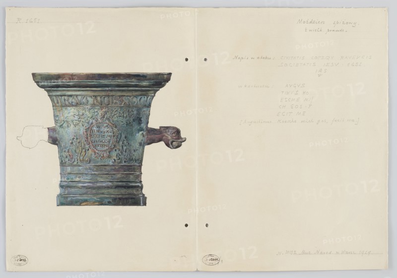 Bronze utility mortar originally from the Jesuit convent in Rawa, the work of bell founder Augustyn Koeschel from 1651 — view at 1:2 scale; drawing and watercolor, artistic documentation by Mieczyslaw Kotarbinski 1890–1943; ink/paint on card; height 35.8 cm, width 51.5 cm; mortars vessel, Jesuits order, 17th century; Rawa Mazowiecka, Warsaw., A painted depiction of a large metal mortar with a wide flared rim and a cylindrical body resting on a short base, shown against a light cream background; the mortar has ornate raised decoration and a central cartouche, and a broken handle on one side with the remaining handle shaped like a stylized animal head; colors visible include green, turquoise, blue, brown, coppery bronze, and hints of purple and rust on the metal, with shadowing in darker blues and grays.