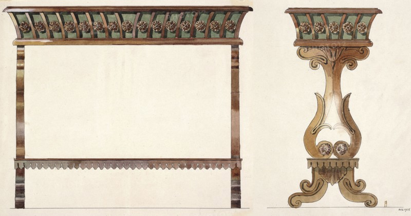 Mahogany jardiniere, Warsaw product by Jan Jakub Simmler — side and front views in a scale of 1:5; draughtsman: Mariusz Maszynski 1888–1944. 19th century, Biedermeier style; materials: drawing and watercolor; artistic documentation; plant decoration; dimensions: height 35.6 cm, width 51.7 cm; place: Warsaw; date: 1916 not after 27.06.1916., The image shows two decorative architectural elements drawn on a pale background: on the left, a rectangular frame with vertical posts and a detailed horizontal cornice, and on the right, an ornate pedestal with a flared top and curving base. The cornice and top surfaces are painted with green and brown tones and contain a row of circular floral motifs in brown and tan. The vertical posts and the pedestal body are rendered in shades of brown and tan with darker brown shading, and the scalloped trim and carved accents are shown in brown and tan as well. The background is an off-white or cream color.