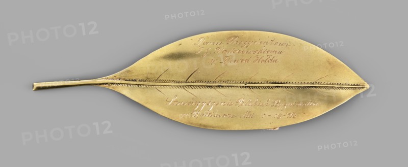 Gold laurel leaf with engraved Polish inscription and date: To President I. Paderewski as a token of homage, the Association of Polish Businessmen in Boltimore, Md., December 1, 1923; maker unknown goldsmith; dedicated to Ignacy Jan Paderewski 1860–1941; 1923; United States of America; height 13 cm, width 4 cm, weight 14 g., A single metallic object shaped like a long leaf rests against a neutral grey background, showing a narrow stem-like handle at one end and a pointed tip at the other; the object has a warm golden color with subtle darker areas and a linear raised midrib running along its length with finely notched lateral veins on either side, and there are a few small surface scratches and slight tarnish variations in the gold tone.