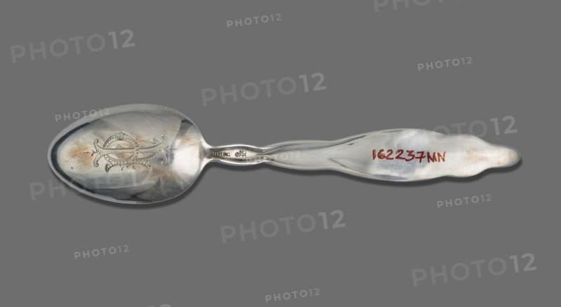 Souvenir spoon, Whiting Manufacturing Co. fl. 1866–1926. Souvenir spoon with egg-shaped scoop featuring a representation of the Capitol building in Washington; flat handle with a relief lily of the valley sprig; engraved IP monogram tied on the reverse. Lily of the Valley pattern introduced in 1885. Late 19th century. Bridgeport, United States of America. Cutlery; height 15 cm, width 3.1 cm, weight 25 g. Maker role: goldsmith/company., A single metal spoon lies horizontally against a solid gray background, showing a reflective bowl with an engraved decorative motif and some darker tarnish areas, a narrow neck with a slight twist, and a gently scalloped handle that has smoother and slightly worn patches; visible colors include silver tones, darker gray reflections, warm brownish tarnish, and the neutral gray of the background.