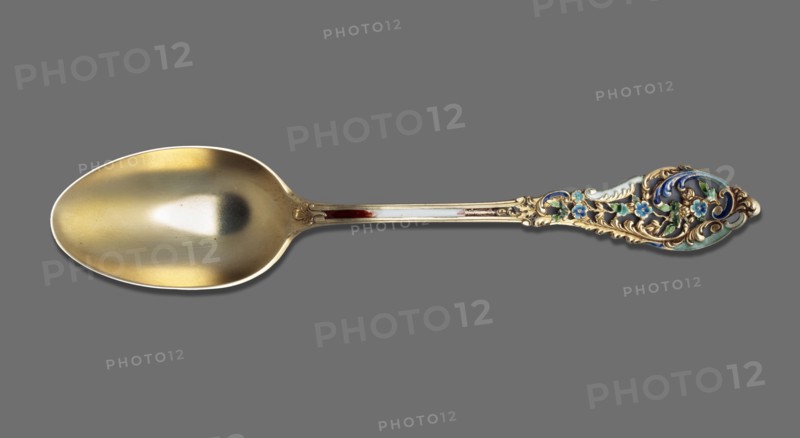 Tea spoon, Dominick & Haff fl. 1868–1928. Trianon pierced cutlery model, Neo-Rococo style. Tea spoon with an ovoid, smooth scoop with a knotted HP monogram engraved on the reverse; straight, flaring, openwork handle with Neo-Rococo ornament featuring rocailles, acanthus and small flowers; interior of handle enamelled in various shades of white, green, blue; brown enamel along the handle fading to white. The Trianon pierced handle pattern was introduced by the company in 1885; the HP Helena Paderewska monogram indicates the spoon was purchased or given no earlier than 1899 the Paderewskis' wedding date. Maker active in New York, United States. Cutlery. Dimensions: height 15.5 cm, width 3.1 cm, weight 20 g., A single ornate spoon lies against a solid gray background, with a large rounded bowl that has a warm golden hue and subtle reflective highlights, and a long handle that transitions from a polished metallic shaft into an intricately decorated end featuring swirling gold-toned filigre...