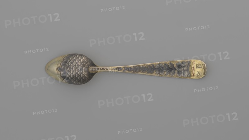 Tea spoon by Buszkowskij, Fedor Klimov fl. 1795–1834, goldsmith; decorative gilded spoon with an ovoid scoop with a pointed tip, reverse decorated with a niello ornament of fish scales and rocailles; flat handle widening at the end, slightly bent and rounded, with niello decoration on both sides with floral motifs. Inscribed/date: 1815. Place of origin: Veliky Ustyug, Russia. Subject/ornament: flowers, fish scale pattern, coats of arms. Function/materials: tea cutlery, tea spoon; length 14 cm, width 2.6 cm, weight 15 g., A single ornate spoon lies horizontally on a plain gray background, showing a metallic surface with gold and darker silver tones; the bowl of the spoon has a scalloped, scale-like textured pattern in dark silver with a gold rim and a smooth gold tip, while the handle tapers to a rounded end and features raised floral and leaf decorations in dark silver against a gold base, with the decorated areas appearing slightly darker and aged.