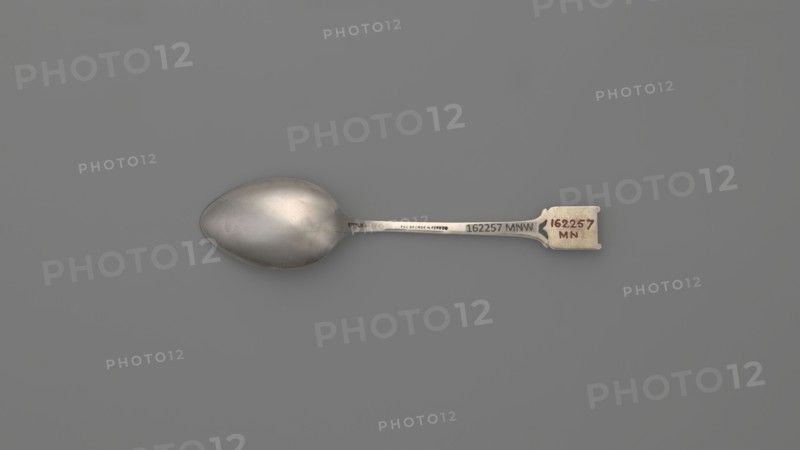 Souvenir spoon, Ford Company fl. 1875–1899. Souvenir spoon with an ovoid scoop with a pointed tip; half-handle with oblique cuts, then flat, splitting at the end, with a plaque attached in the form of a cartouche with an open book with the Hebrew inscription URIM/TUMMIM on a background of sapphire enamel; corporate slogans/goldsmith company attribution; maker associated with Paderewski, Ignacy Jan 1860–1941 noted. 1890s, New Haven, United States of America. Cutlery. Length 10.5 cm; width 2.4 cm; weight 15 g., A single metal spoon lies horizontally against a flat gray background, showing a smooth, slightly reflective bowl on the left and a straight handle extending to the right that ends in a small rectangular tab; the spoon surfaces display shades of silver and gray with subtle highlights and darker silver tones, and there are small areas of light beige and muted reddish-brown on the tab at the handle end.