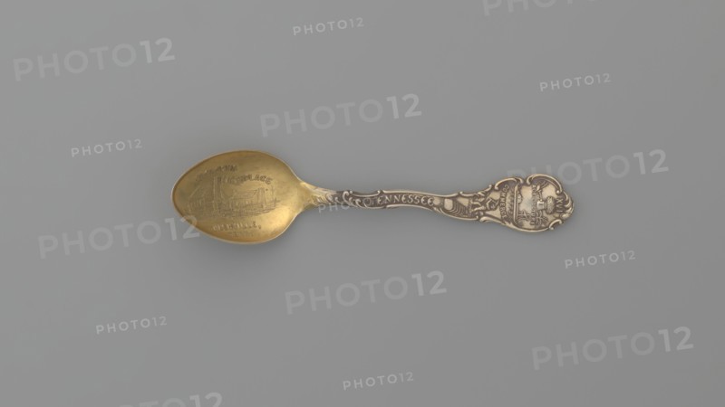 Souvenir spoon, Shepard Mfg. Co. fl. 1893–1923. Silver souvenir spoon, ovoid scoop with engraved view of buildings and the inscription JACKSONS / BIRTHPLACE / NASHVILLE / TENN. Flat handle with irregular edges made of channel sections; the inscription TENNESSEE along the handle, above which is a man with a pickaxe. The handle is widened at the end with relief depictions of a plow, a sheaf of wheat above it the Roman numeral XVI, cotton, with the inscription AGRICULTURE underneath, and a ship below with the inscription COMMERCE below — the emblems of the state of Tennessee; XVI denotes the state's serial number; AGRICULTURE and COMMERCE are the state motto. Depicts Paderewski, Ignacy Jan 1860–1941 and references Andrew Jackson 1767–1845. 19th/20th century. Melrose Highlands, United States of America. Cutlery. Length 9.5 cm; width 2.2 cm; weight 10 g., A decorative metal spoon rests on a flat surface, showing a bowl with a warm golden color and a handle with darker metallic tones; the ha...