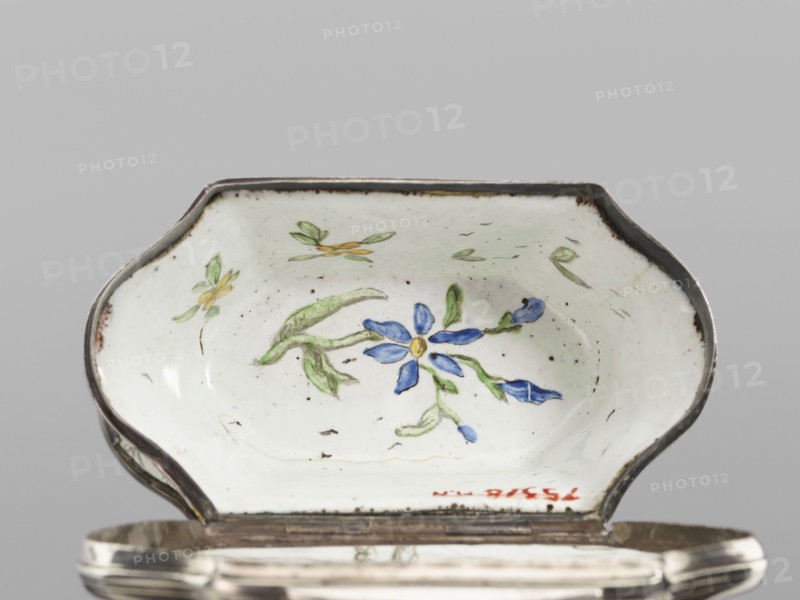 Double snuffbox, LZ enameller ; France? ; fl. ca 1700 enameller co-creator, Samson Bible, Samson fighting a lion iconography, flowers, Samson collecting honey from a lion's mouth iconography, landscape painted enamel, enamelling, Double-sided snuffbox, tall, narrowed halfway up; slightly bulging lids, framed by silver, profiled fittings, white-enameled, decorated with colourful scenes from the story of Samson depicted against the background of a landscape painted in grissaille; on the sides two representations - Samson going to the Philistine city of Timna, to which he is shown the way by three women, and Samson fighting a lion; on the lids - Samson carrying the door the city gate to the top of the mountain opposite Hebron and Samson taking honey from the lion's mouth; on the reverse of the lids - two landscapes with architecture painted in grissaille and colorful flowers painted in the bottoms., early 18th century, France, smoking accessories, height 7 cm, width 7.7 cm, depth 4.7 cm, ...
