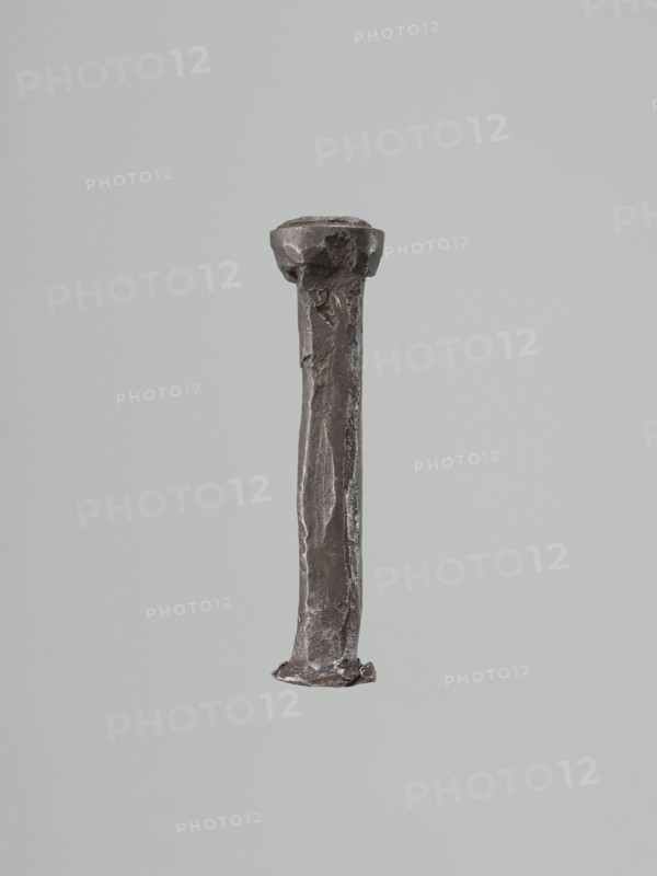 Stamp-die, Oval, convex die with a depiction of a king's bust wearing an open crown. Possibly 18th or 19th century, Poland . Die; height 9.5 cm, width 2.3 cm, depth 1.8 cm., A single rust-colored metal nail with a rough, irregular surface and a flattened head is centered against a pale gray background, showing dark brown, gray, and subtle black tones along its shaft and base.