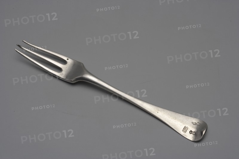 Three-pronged fork by Emmanuel I Ellerholtz active from 1758, died 1800, goldsmith, 1770. Three-pronged fork with a flat handle widening towards the end, ending in a semicircle and bent forward; on the reverse of the handle an engraved coat of arms under a crown. Materials: presumably silver/cutlery. Size: length 19 cm, width 2.2 cm, weight 55 g. Place: Gdansk, Royal Prussia Poland., A metal fork lies flat on a smooth gray surface. The fork has a long, tapered handle that widens slightly at the end and a three-pronged head with elongated spaces between the prongs. The metal shows a reflective, slightly worn finish with small scratches and subtle variations in tone. The background is uniformly gray with faint marks and smudges. Colors visible include silver from the fork and various shades of gray in the surface and background.