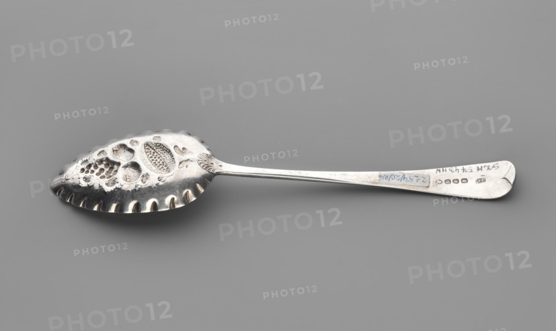 Jam spoon by John Fisher fl. 1793–ca. 1810. Silver jam spoon with a scoop with fluted edges, decorated inside with repoussé fruits; flat handle widening toward the end, rounded and curved downwards, decorated with engraved floral motifs; circular reserve on the handle engraved with monogram ER. Dated 1808/1809, London, Great Britain. Cutlery; height 22.3 cm, scoop width 4.7 cm, weight 60 g., A silver spoon with an elongated, scalloped bowl that has decorative pierced and embossed patterns, including textured and indented shapes, attached to a long, slender handle that widens slightly at the end; the spoon shows reflective metallic surfaces with highlights and darker areas, and the background is a smooth gray.
