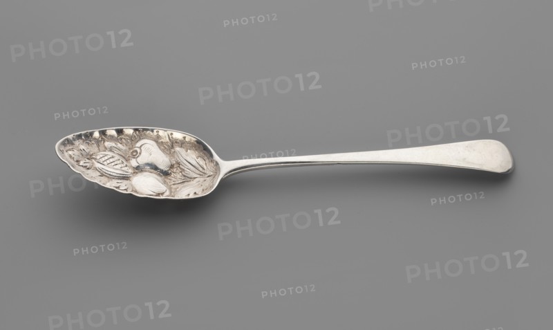 Jam spoon by Stephen I Adams fl. ca. 1758–1802. Silver jam spoon with an ovoid scoop having an irregularly cut edge, decorated with repoussé fruit on a leafy branch; smooth widening handle terminating in a semicircle and bent inwards at the end. Repoussé decoration from the mid-19th century; object dated 1800–1801. London, England. Cutlery. Length 22 cm, width 4.5 cm dipper, weight 62 g., A single metal spoon lies horizontally against a smooth gray background, with an elongated handle tapering slightly before widening at the rounded end and a shallow, oval bowl on the left that features raised decorative reliefs resembling leaves and rounded fruit shapes; the spoon and its decorations appear in silvery and slightly darker tarnished gray tones.