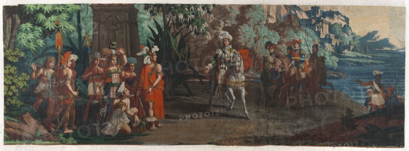 Wallpaper Pizarro's Arrival in Peru from the series The Incas - detail. Pizarro, Francisco 1478-1541; Incas. Wallpaper depicting an encounter on the seashore between a group of Indigenous people and Spanish soldiers. The Indigenous people in colorful costumes, bearing gifts, stand in front of a building in the shade of a tropical forest. The Spaniards, led by their commander on a white horse, approach from the sea, dressed in 16th-century armor. On the right, in the background, the silhouette of a palace. Fragment from a composition occupying panels 19–25 the whole composed of 25 panels. The composition is cut from the top by approximately 140 cm, and from the sides by approximately 25 cm. Designer, first edition ca. 1818; full wallpaper composed of 25 panels 12.875 cm wide, ca. 1830, Paris. Wallpaper, height 87 cm, width 239 cm., A wide painted scene shows a group of figures gathered in a lush, leafy landscape with dense green foliage on the left and a rocky shoreline with blue water ...